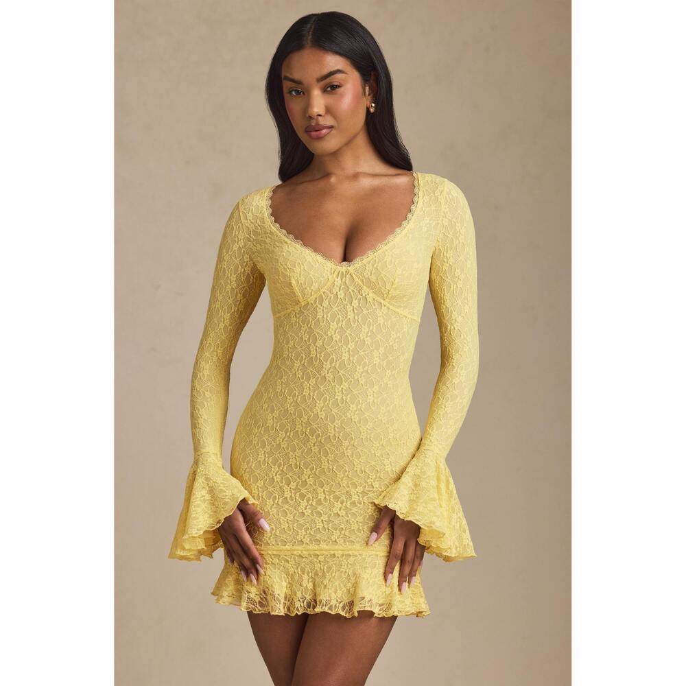 Oh Polly Long-Sleeve Ruffled Lace Mini Dress in Pastel Yellow Size XS